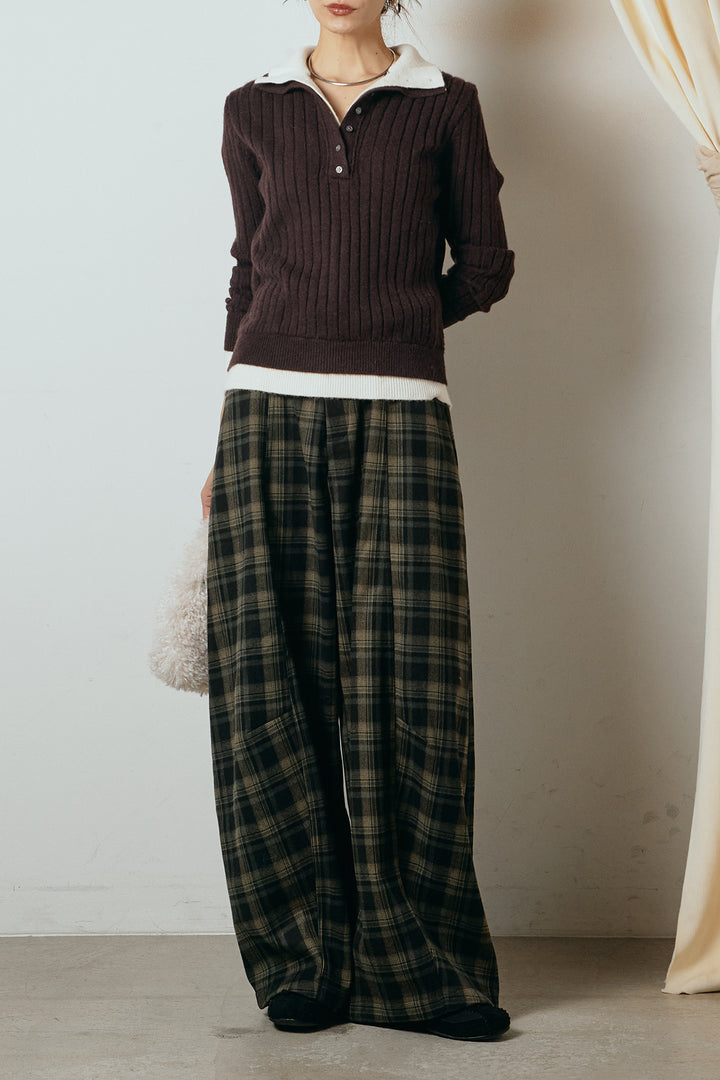 [SET]レイヤード風リブニットトップス+ベルト付きタータンチェックカーブワイドパンツ(2set)