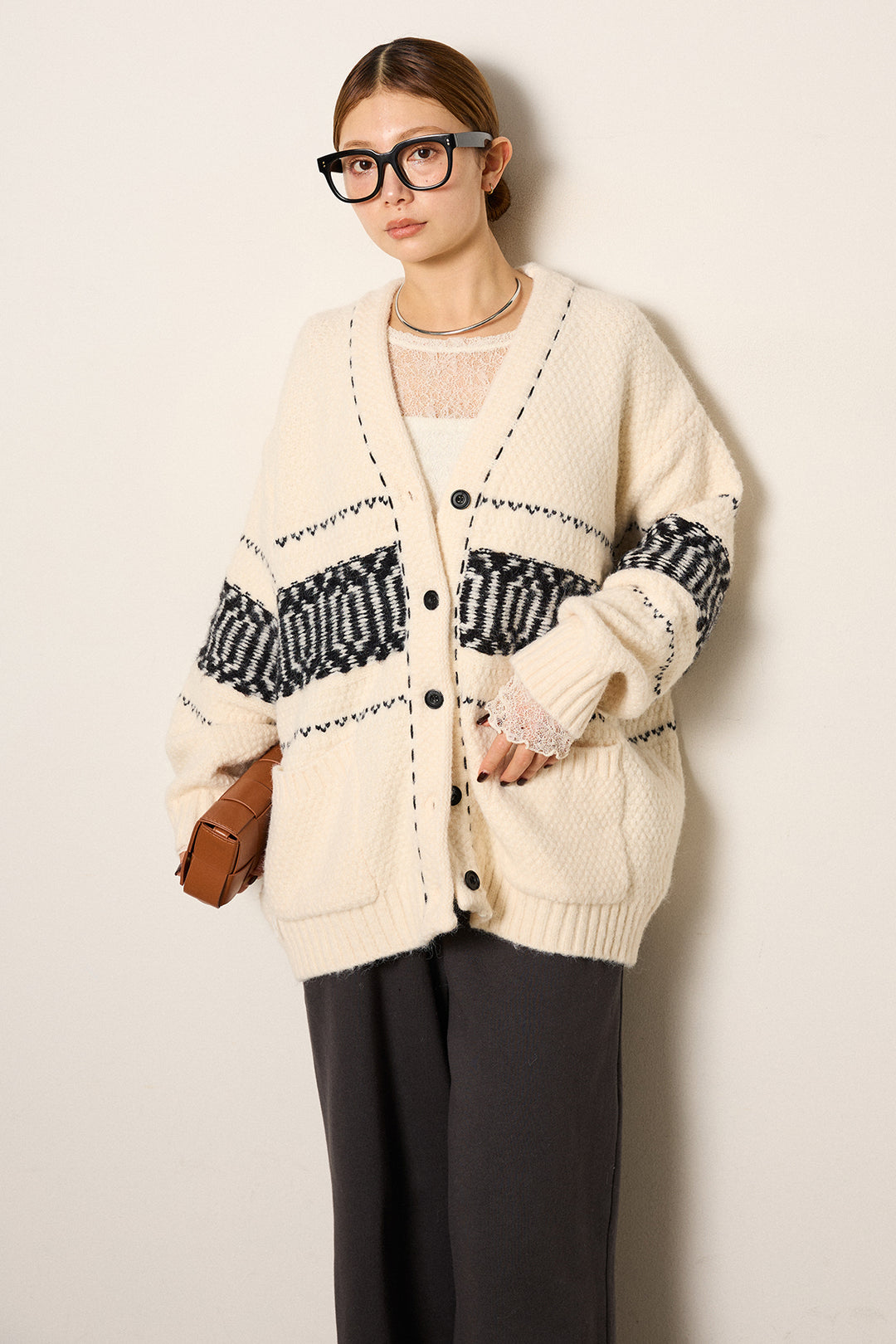 [SET]ライン柄ステッチニットカーディガン+裏起毛スウェットワイドパンツ(2set)