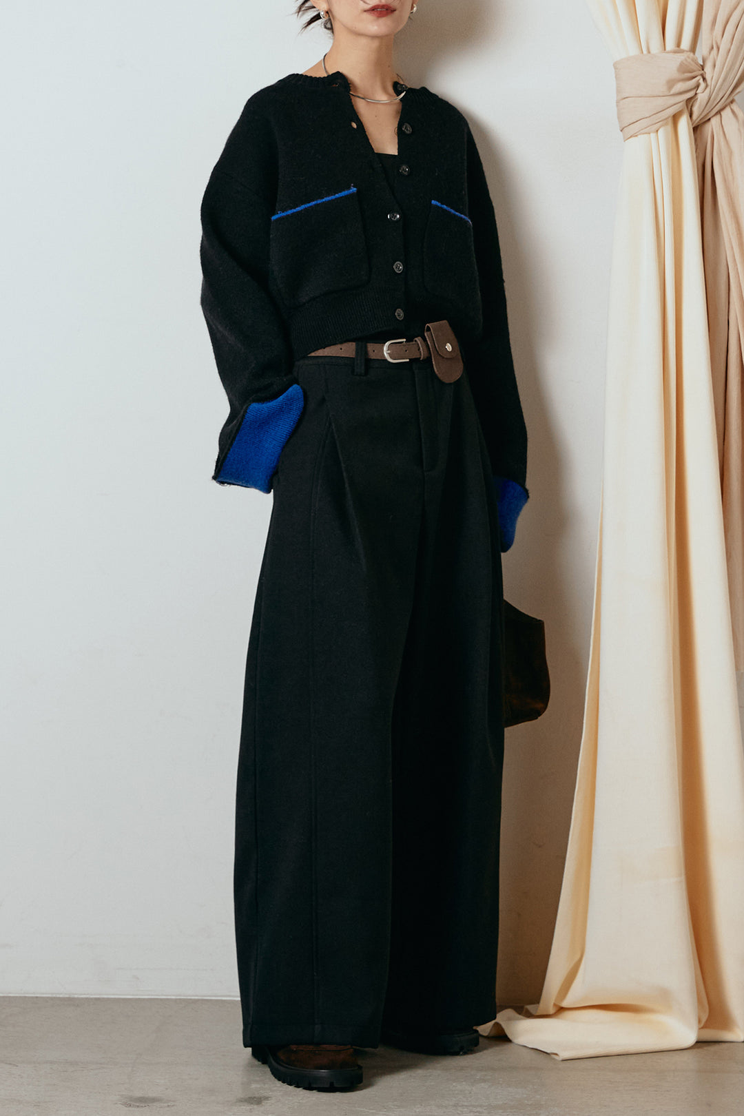 [SET]アルパカタッチダブルフェイスカーディガン+ポーチベルト付きカーブパンツ(2set)