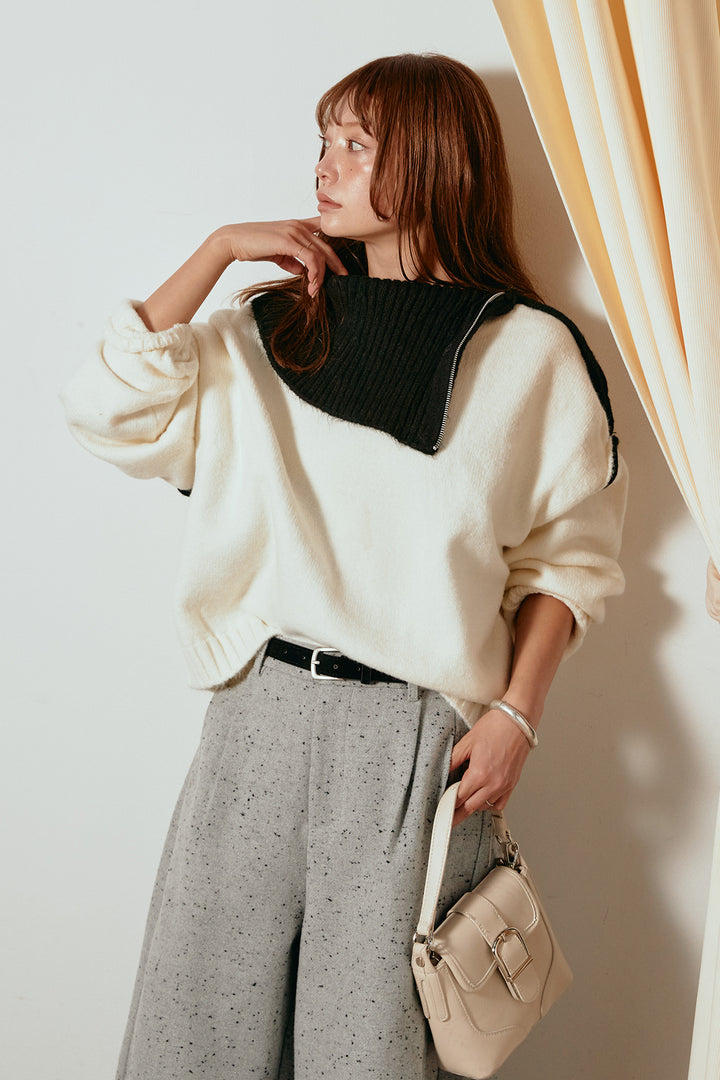 [SET]ハイネックジップデザインニットトップス+ベルト付きネップツイードカーブパンツ(2set)