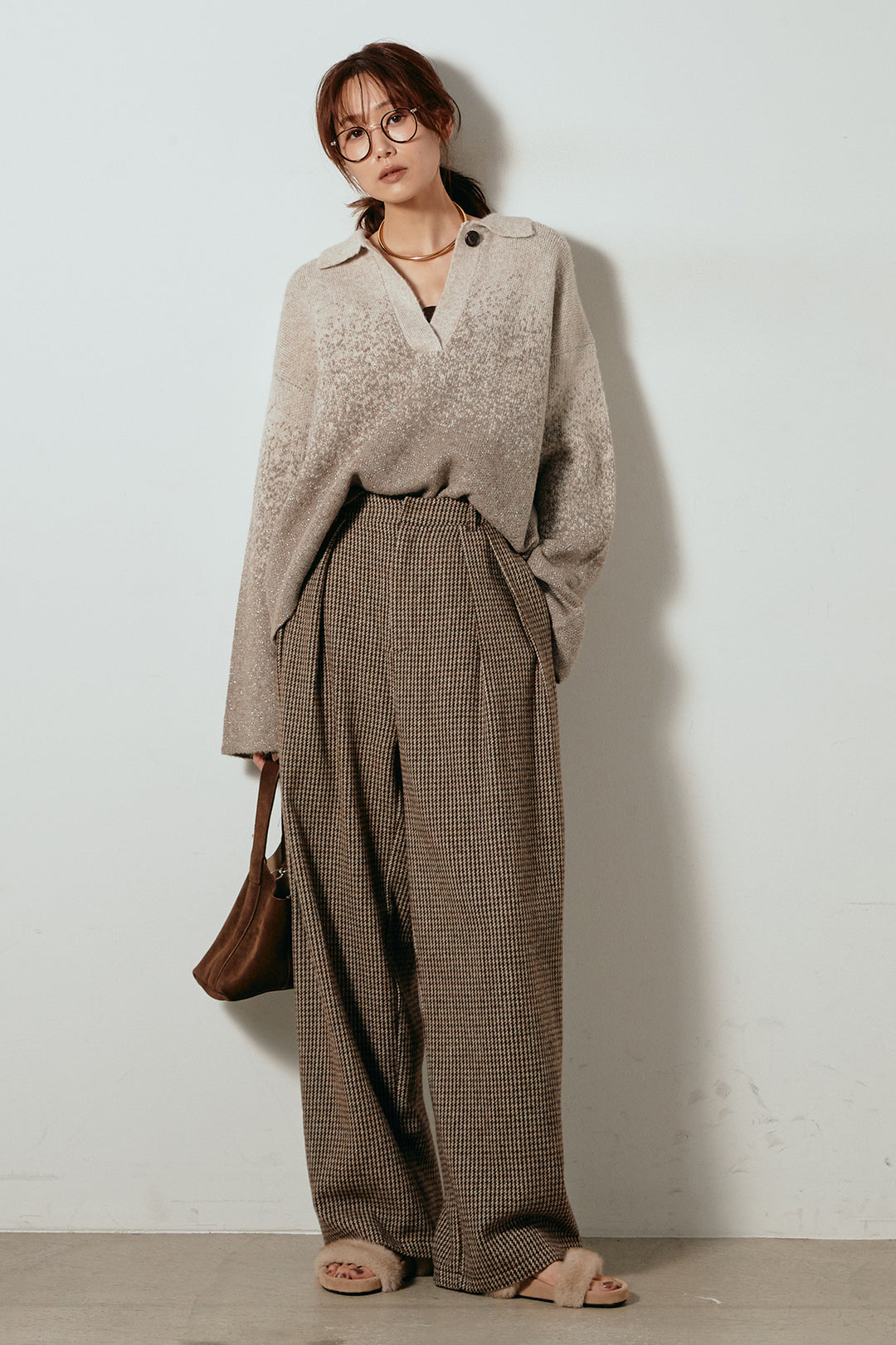 [SET]グラデーションラメニットキーネックプルオーバー+ガンクラブチェックタックパンツ(2set)