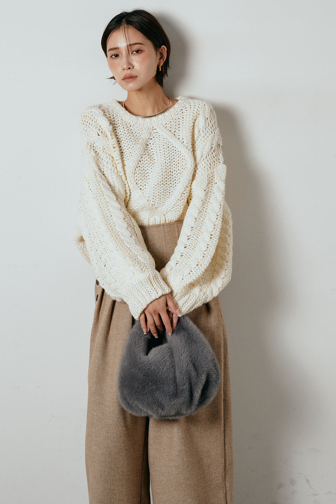 [SET]ロービングケーブルショート丈プルオーバー+サイドボタンツイードタックパンツ(2set)