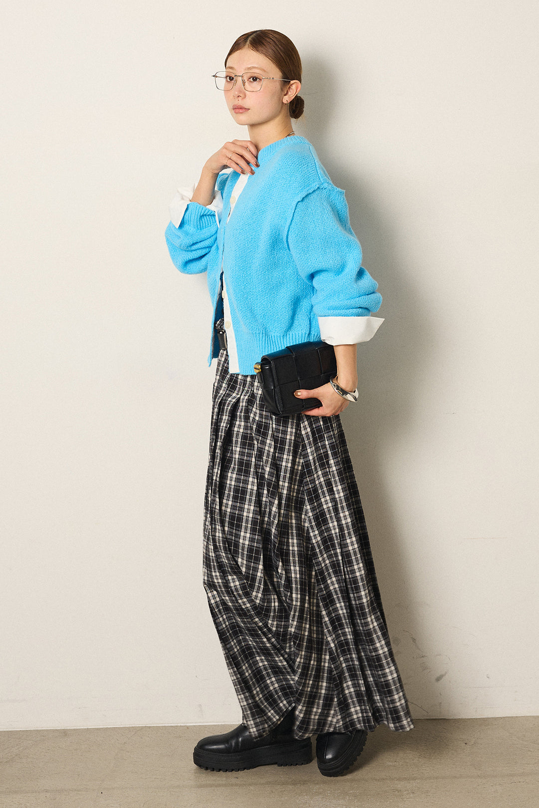 [SET]シャツドッキングニットカーディガン+ベルト付きタータンチェックプリーツスカート(2set)