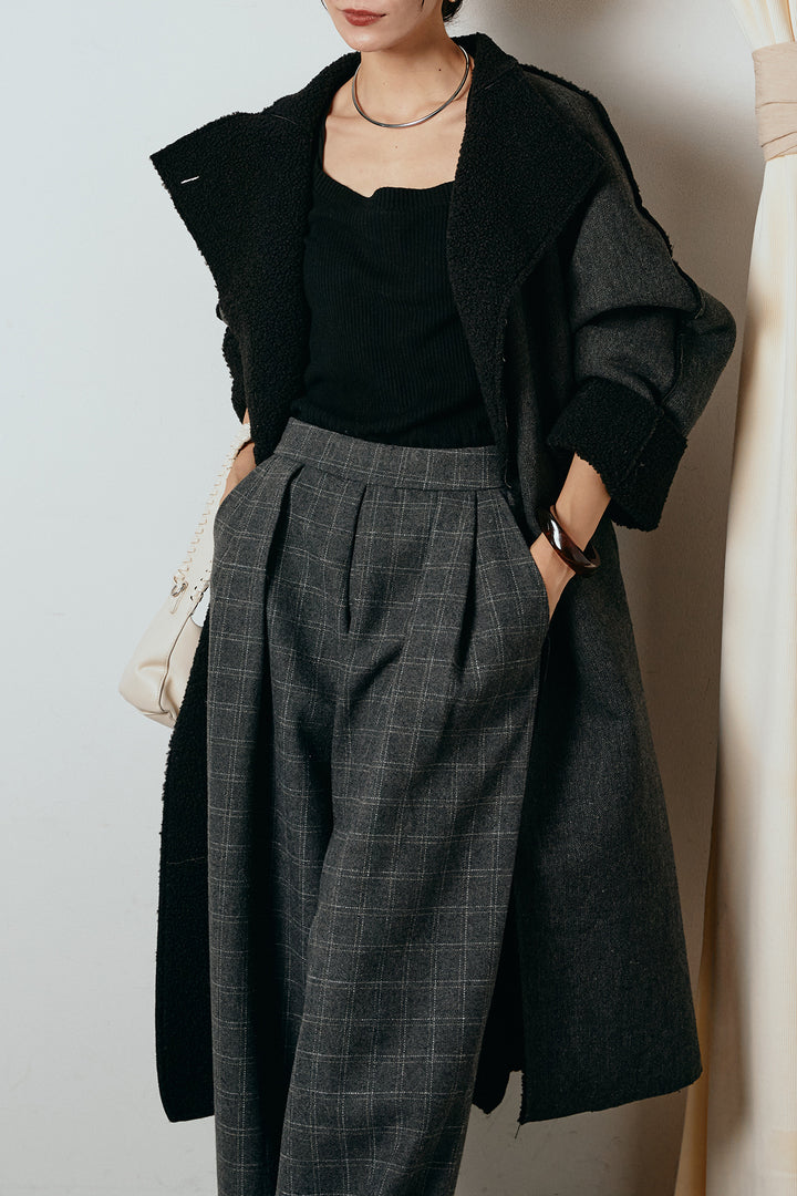 [SET]裏地ボアハイネックロングアウター+ウールライクチェックタックパンツ(2set)