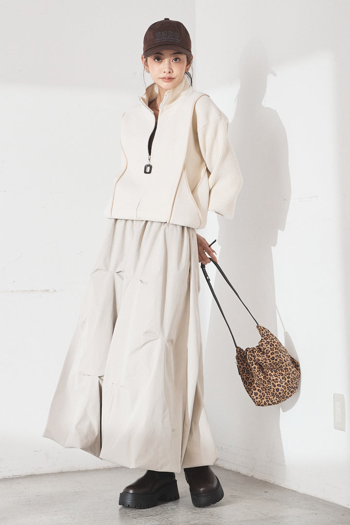 [SET]ハイネックパイピングデザインブルゾン+ランダムタックバルーンスカート(2set)