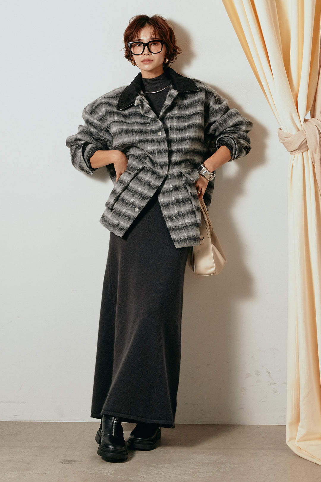 [SET]チェックシャギーミドルカバーオール+ノースリーブニットロングワンピース(2set)