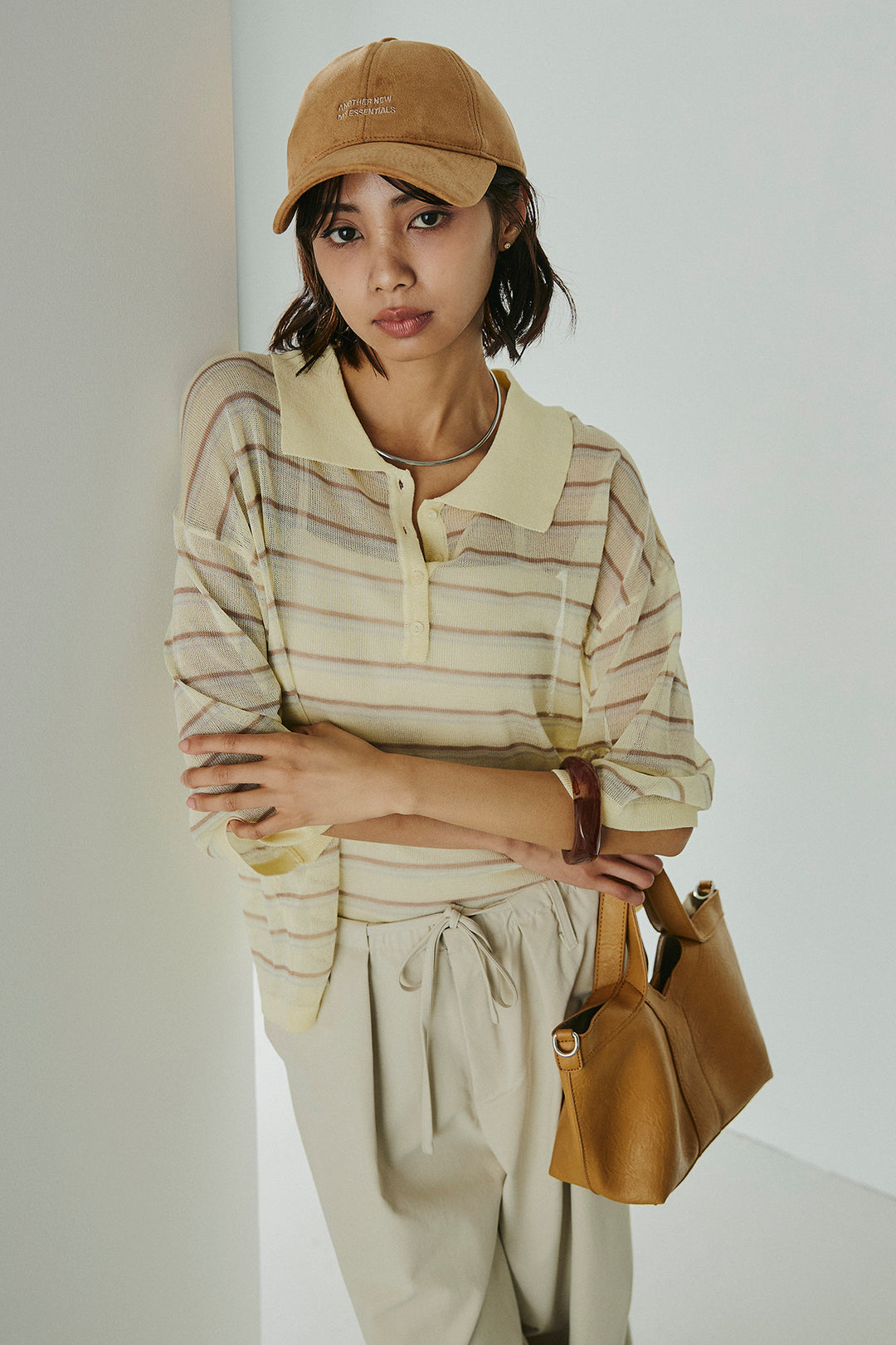 [SET]ボーダーニットポロシャツ+ニーサイドタックウエストドロスパンツ(2set)