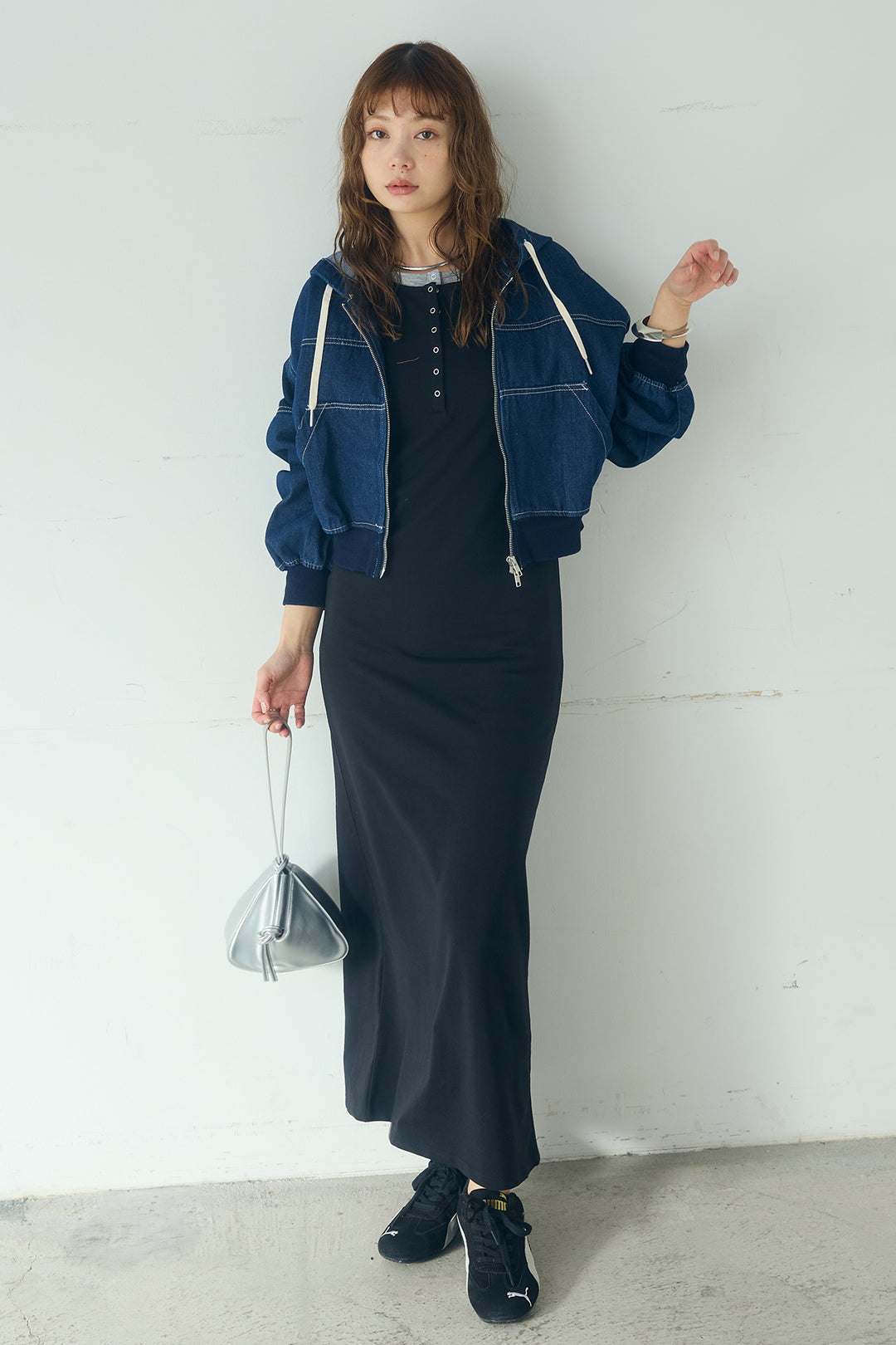 [SET]デニムダブルジップパーカーブルゾン+レイヤード見えヘンリーネックロングワンピース(2set)