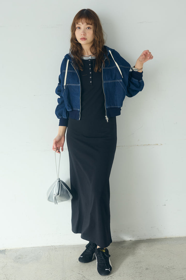 [SET]デニムダブルジップパーカーブルゾン+レイヤード見えヘンリーネックロングワンピース(2set)