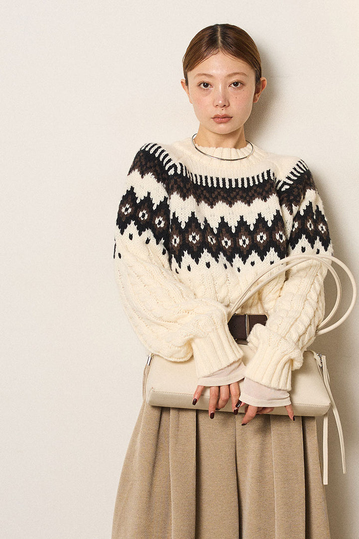 [SET]2WAY求心柄ジャガードショートカーディガン+2WAY袖コード刺繍クルーネックプルオーバー(2set)