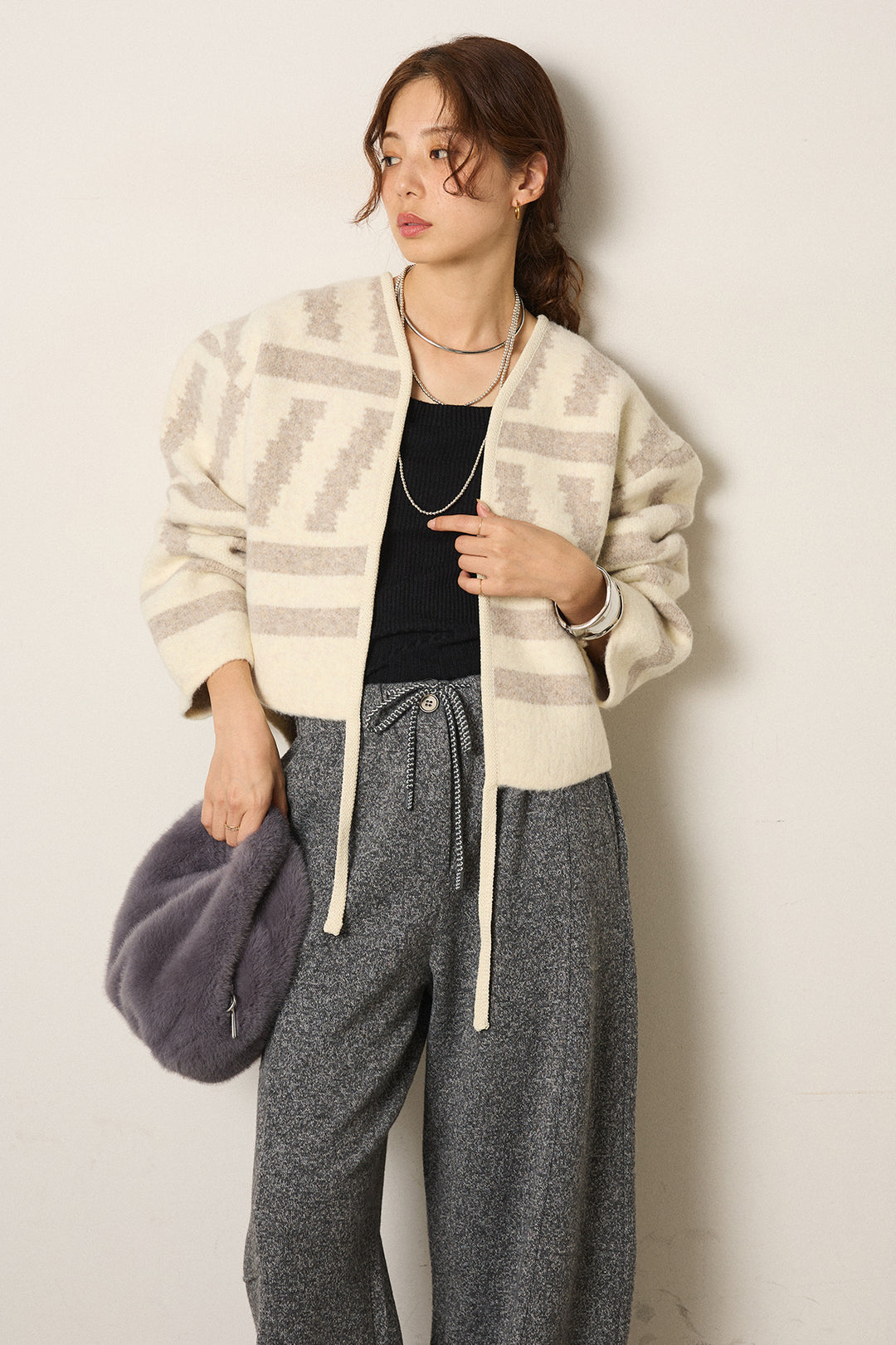 [SET]幾何学柄ノーカラーカーディガン+杢ニットフレアパンツ(2set)