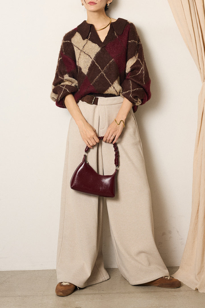 [SET]アクリルモヘアアーガイルキーネックプルオーバー+サイドベルトパンツ(2set)