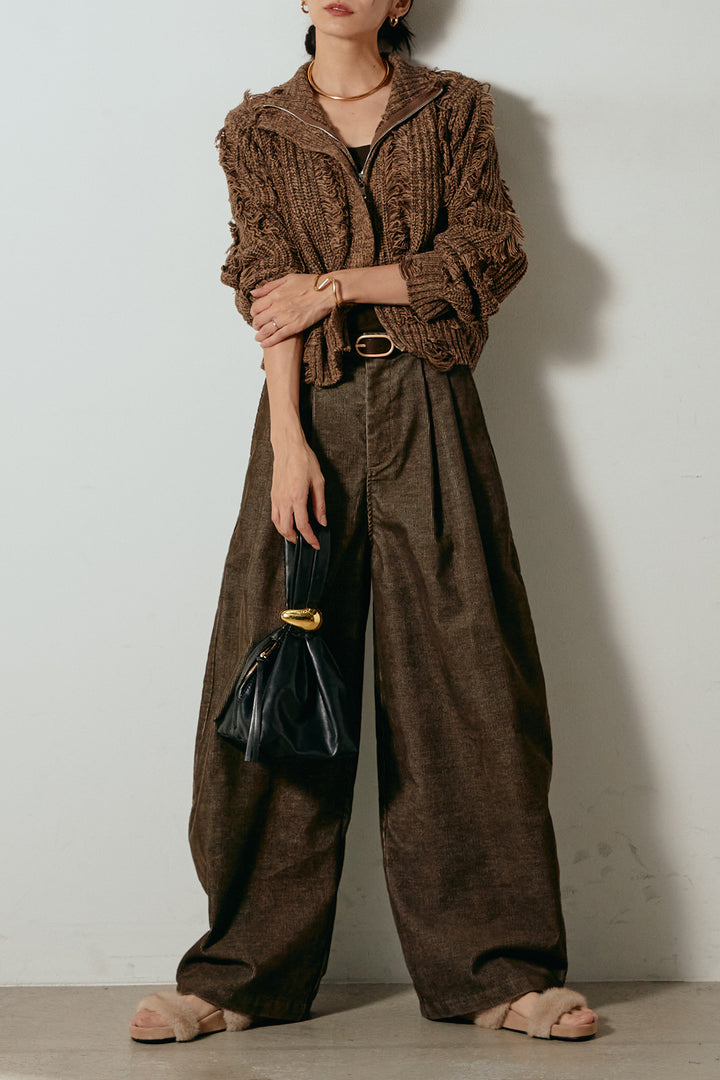 [SET]ハイネックフリンジジップニットトップス+フロントタック入りコーデュロイパンツ(2set)