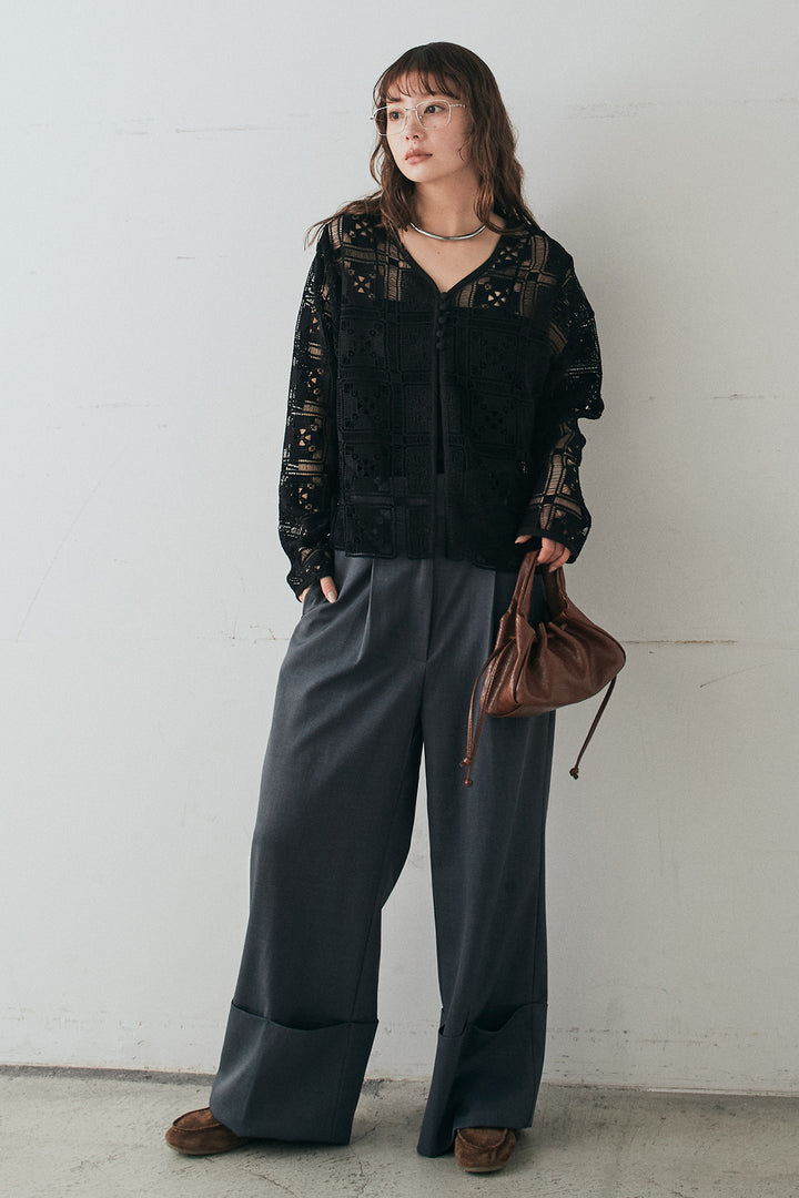 [SET]クロシェレースカーディガン+センタープレスセミワイドパンツ(2set)