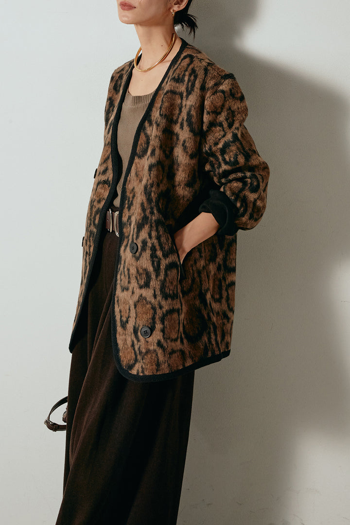 [SET]ノーカラーレオパード柄アウター+フェイクレザー太ベルト付きタックワイドパンツ(2set)