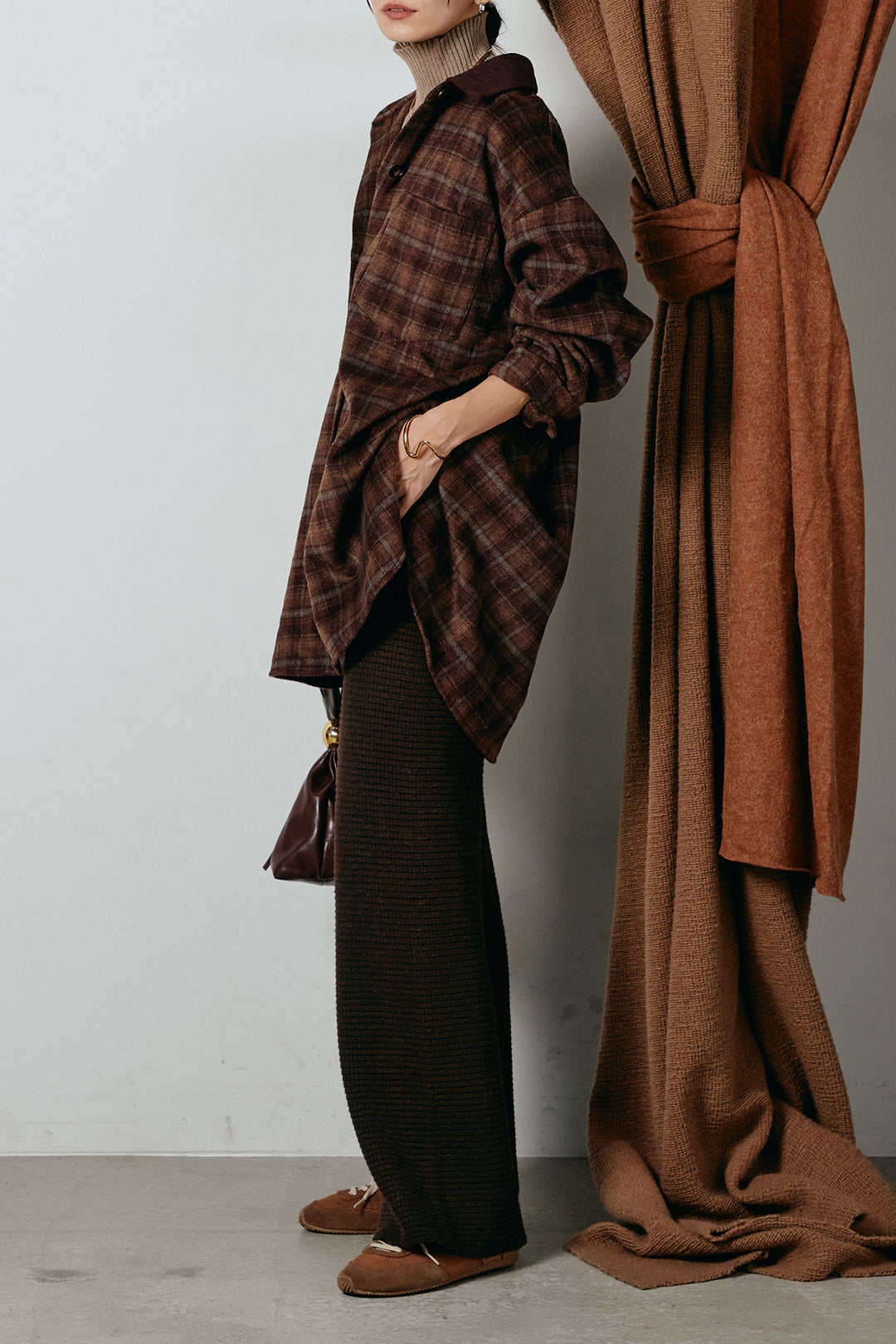 [SET]シャギーチェックシャツジャケット+ワイドリブニットイージーパンツ(2set)