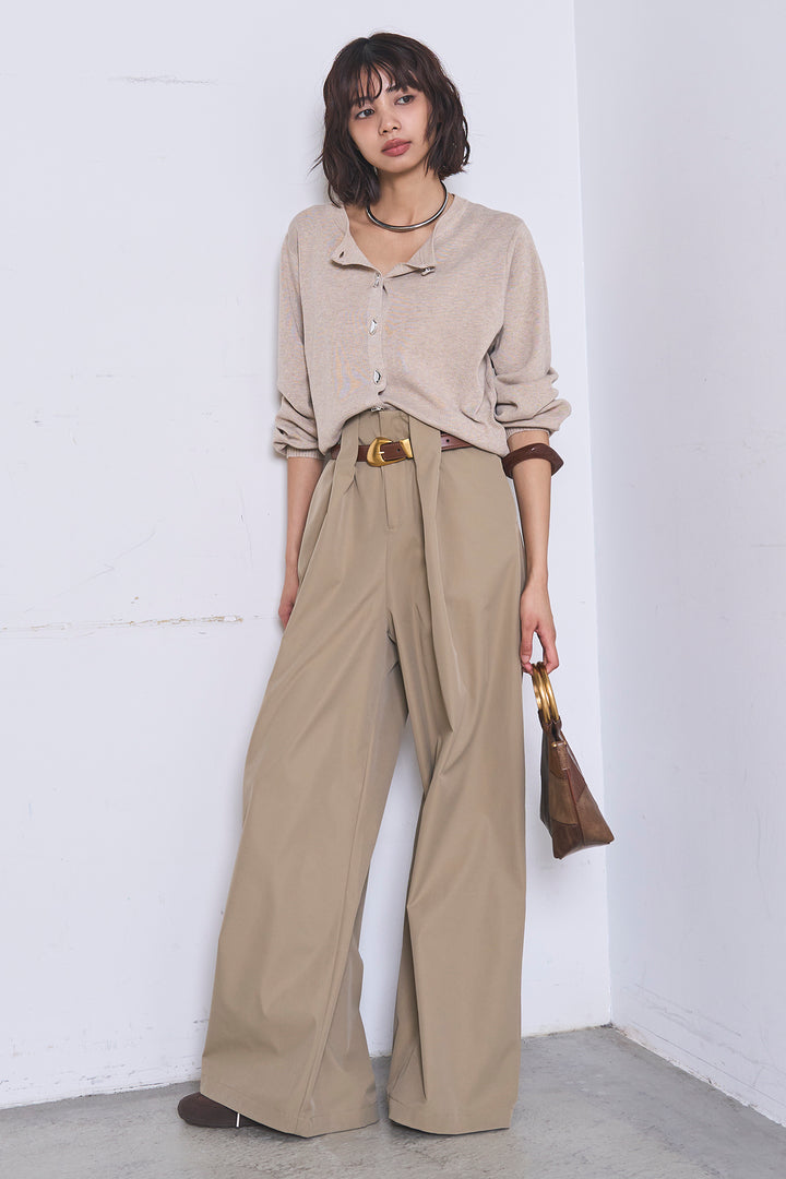 [SET]リサイクルポリニュアンス釦カーデ+ベルトループデザインハイウエストタックパンツ(2set)