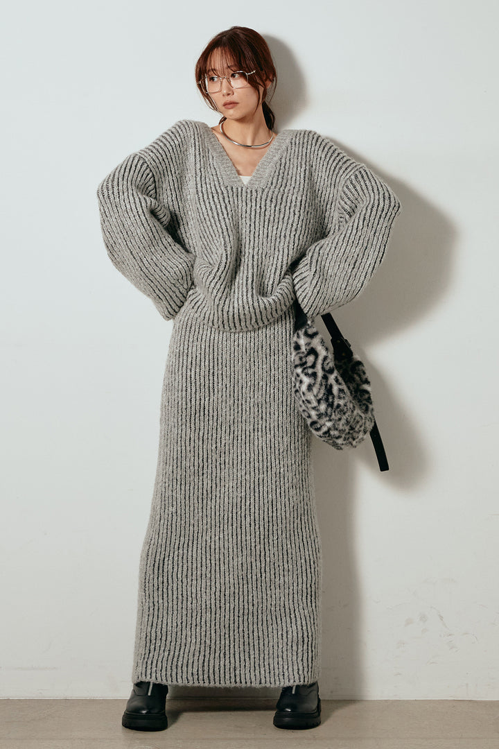 [SET]アルパカタッチ深Vニットトップス+アルパカタッチニットタイトスカート(2set)