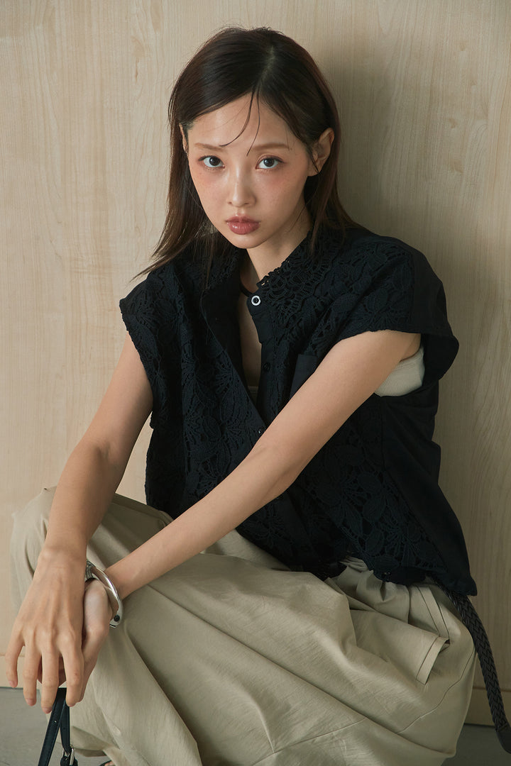 [SET]フラワーモチーフレースポケット付きフレンチシャツ+ニーサイドタックボリュームカーブパンツ(2set)