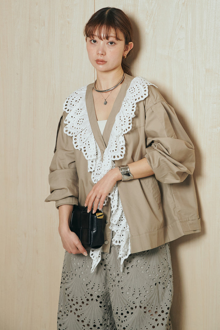 [SET]レースフリルドッキングアウター+レース刺繍リラックスパンツ(2set)