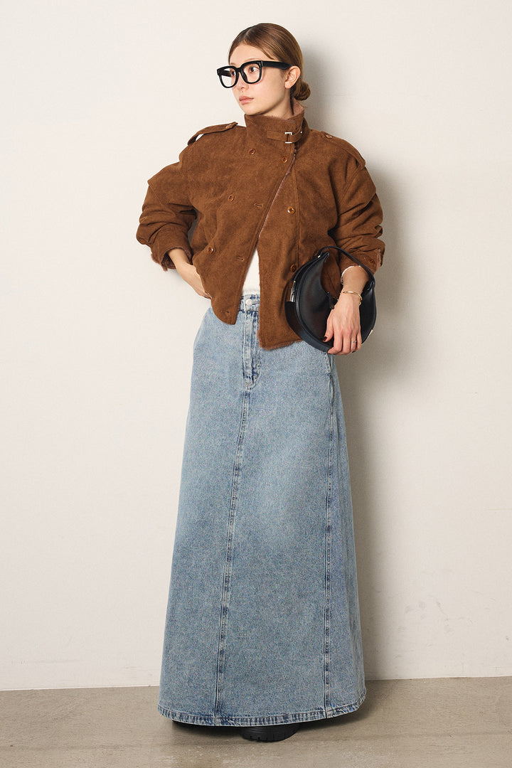 [SET]スタンド襟スウェードライクアウター+デニムロングフレアスカート(2set)