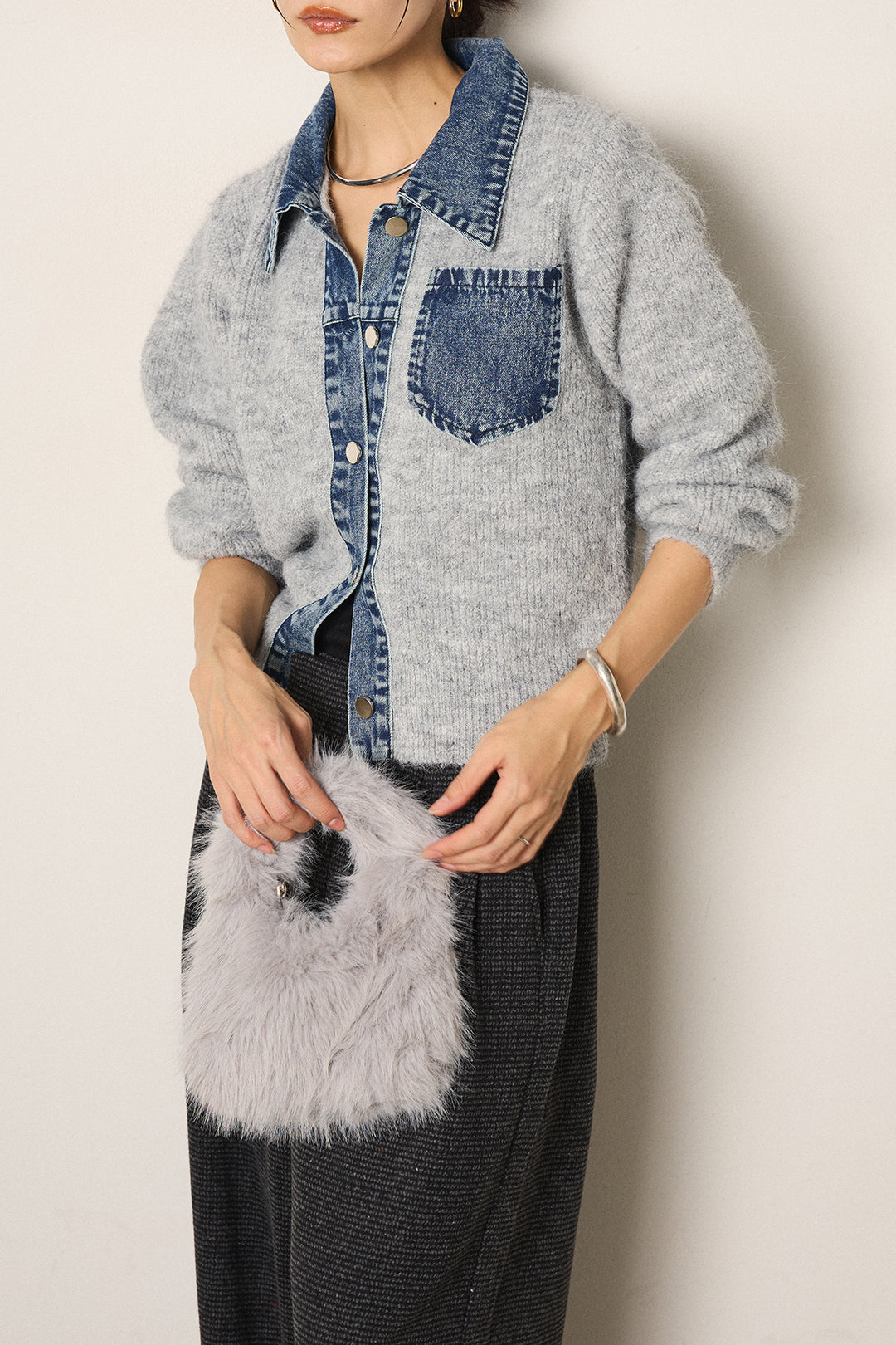 [SET]襟付きデニム切替ニットカーディガン+起毛タック入りツイードワイドパンツ(2set)