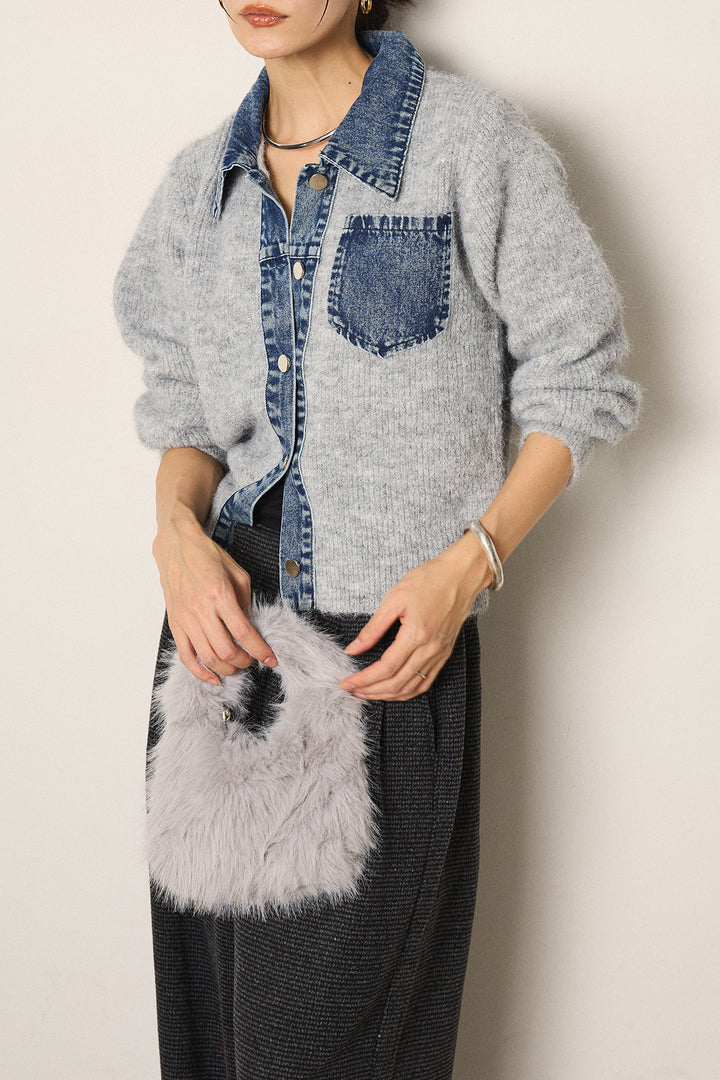 [SET]襟付きデニム切替ニットカーディガン+起毛タック入りツイードワイドパンツ(2set)