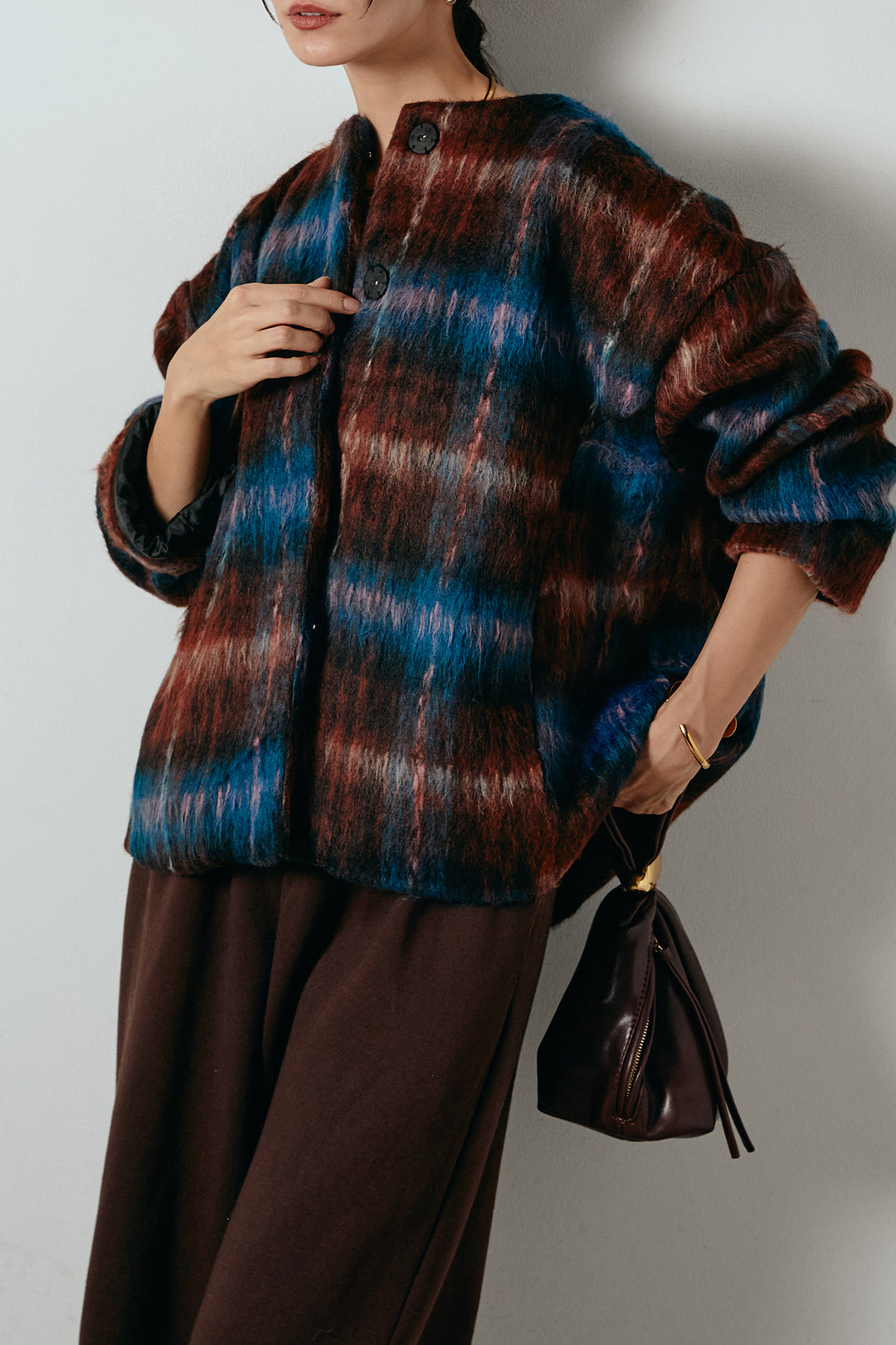 [SET]ノーカラーシャギーチェックアウター+裏起毛スウェットワイドパンツ(2set)