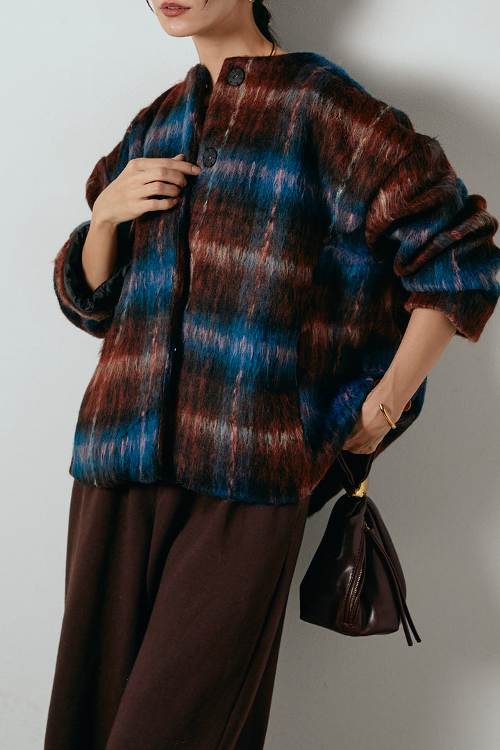 [SET]ノーカラーシャギーチェックアウター+裏起毛スウェットワイドパンツ(2set)