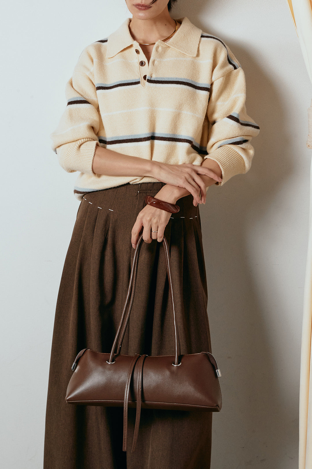 [SET]襟付きマルチボーダーニットポロトップス+ウエストステッチデザインワイドスラックス(2set)