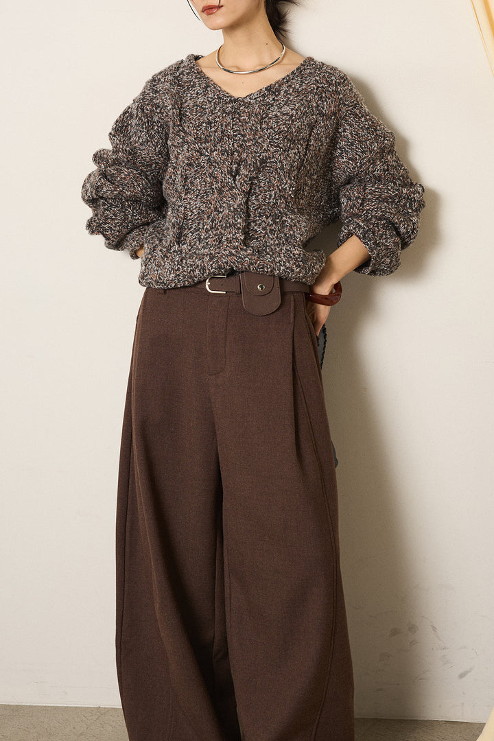 [SET]Vネックミックス編みニットトップス+ポーチベルト付きカーブパンツ(2set)
