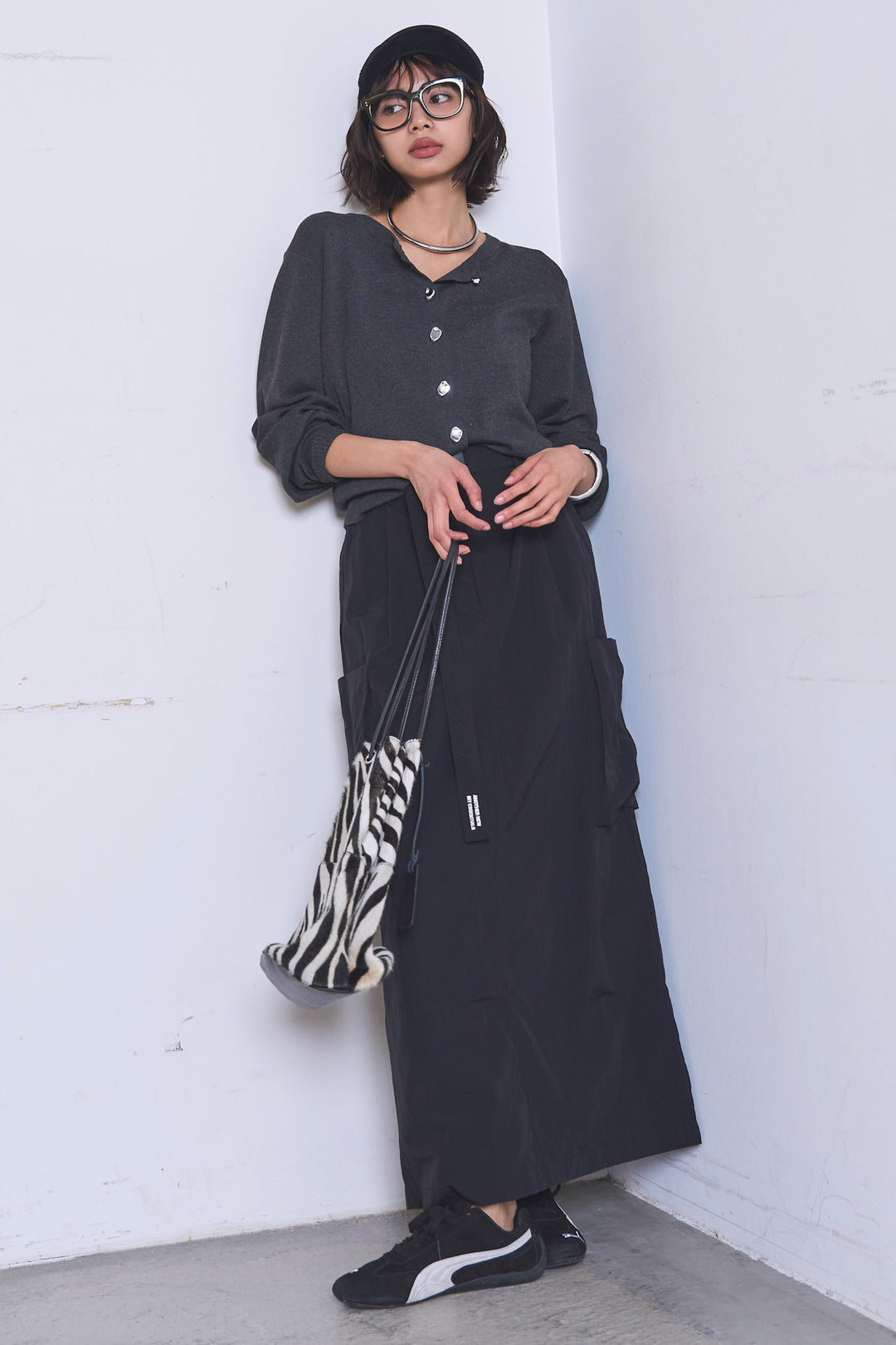 [SET]リサイクルポリニュアンス釦カーデ+撥水加工ナイロンスカート(2set)