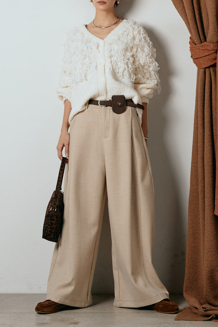 [SET]ループ編みVネックニットカーディガン+ポーチベルト付きカーブパンツ(2set)