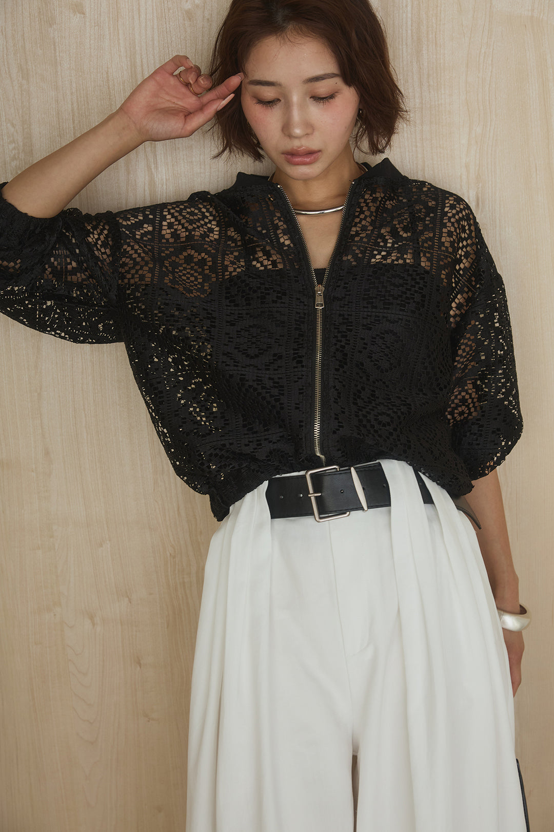 [SET]幾何レースブルゾン+ベルト付きビックループワイドパンツ(2set)