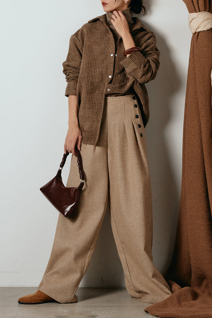 [SET]ルーズクラッシュツイルシャツ+サイドボタンツイードタックパンツ(2set)