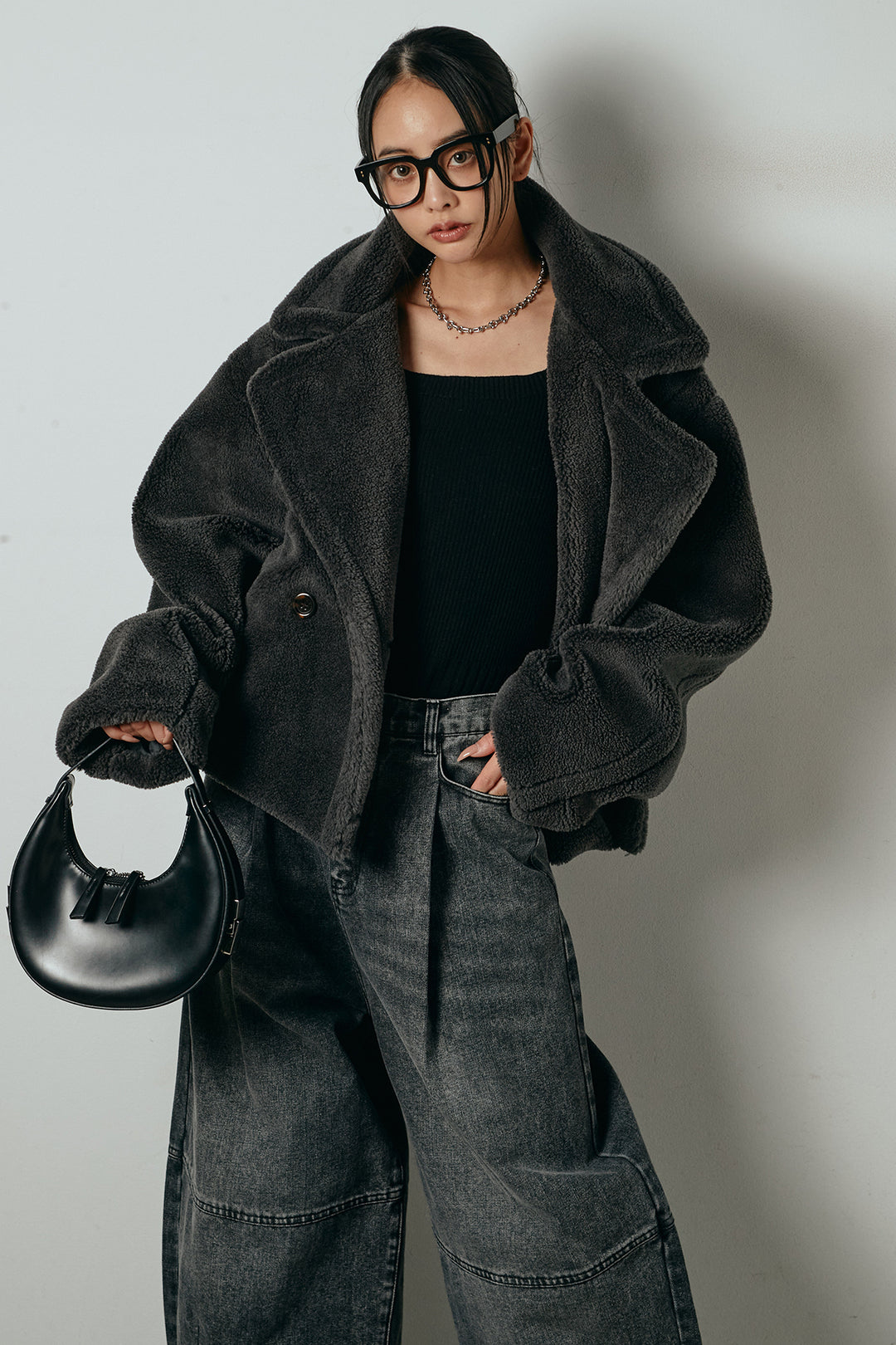 【2月中旬発送】
[SET]テディボアショートジャケット+加工デニムタックコクーンワイドパンツ(2set)