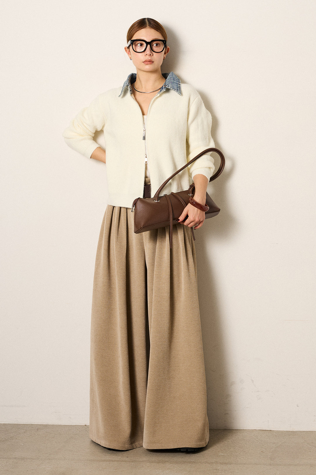 [SET]デニム襟ダブルジップニットトップス+ベルトループコーデュロイワイドパンツ(2set)