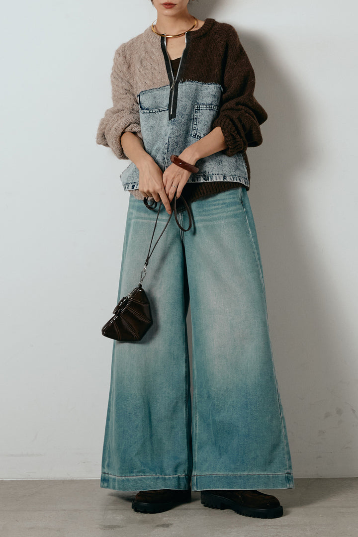 [SET]ハーフジップニットデニムドッキングトップス+ウエストダブルボタンワイドデニムパンツ(2set)