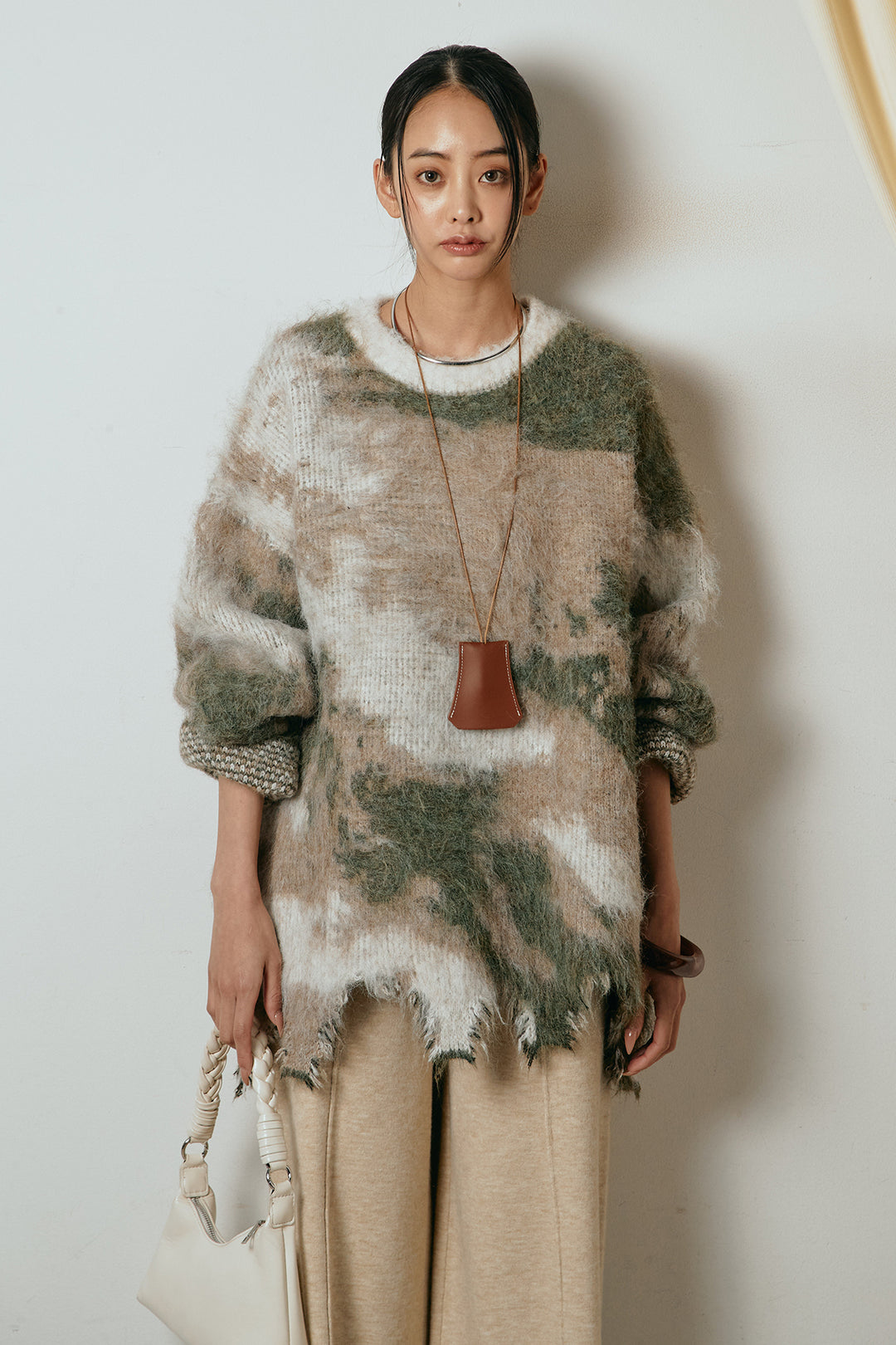 [SET]起毛裾デザインニュアンス柄ニットトップス+センターラインニットパンツ(2set)