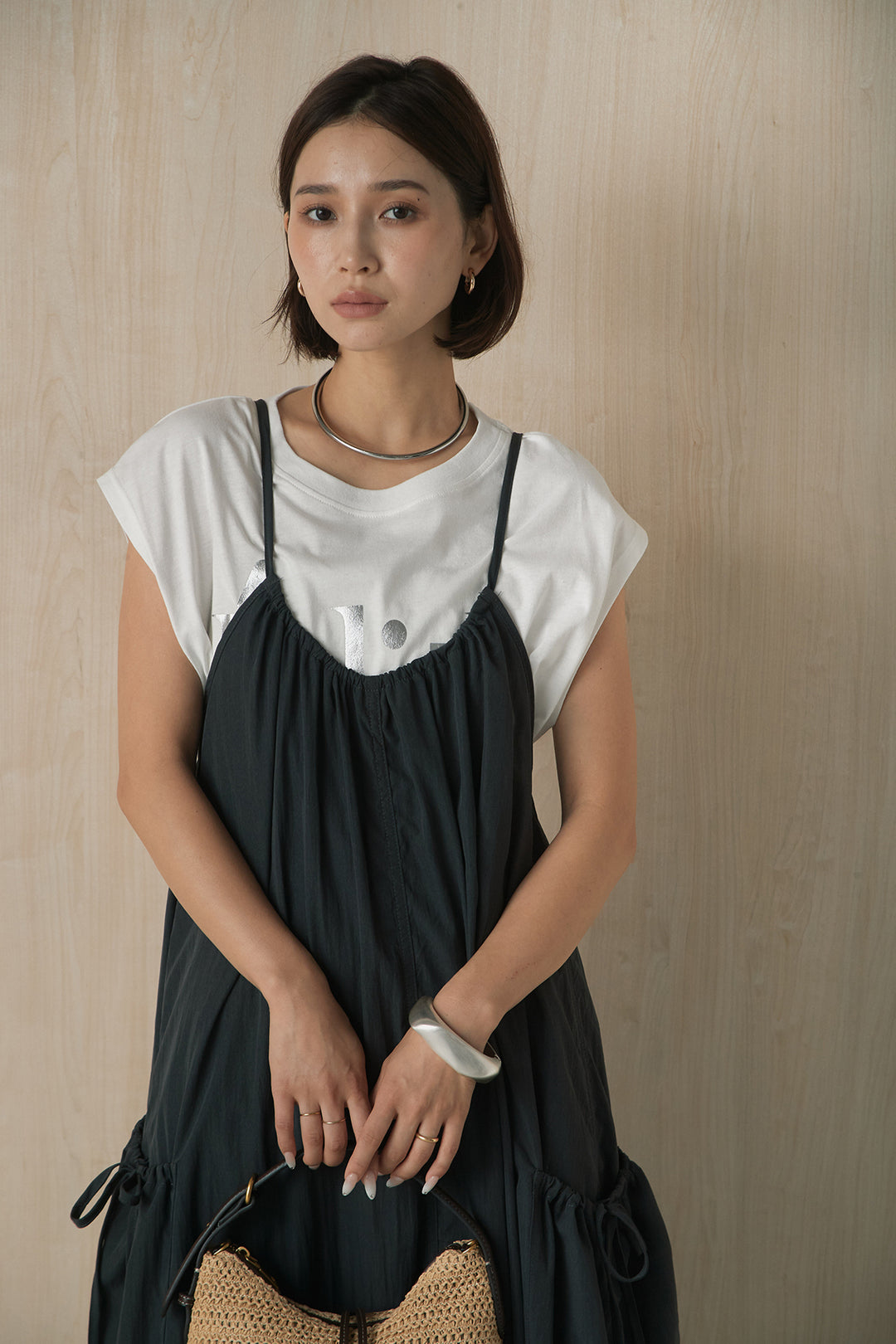 [SET]ビッグロゴプリントTシャツ+ポケット付きワッシャーキャミワンピ(2set)
