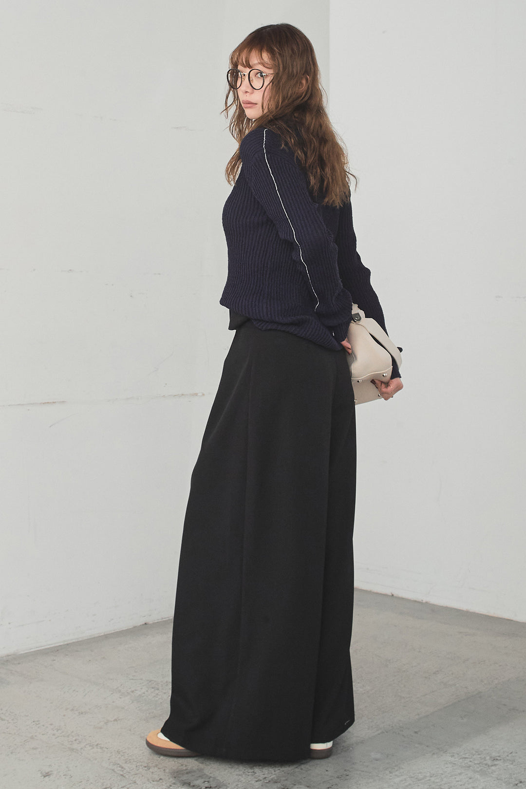 [SET]衿付きニットプルオーバー+ベルト付きツータックワイドパンツ(2set)