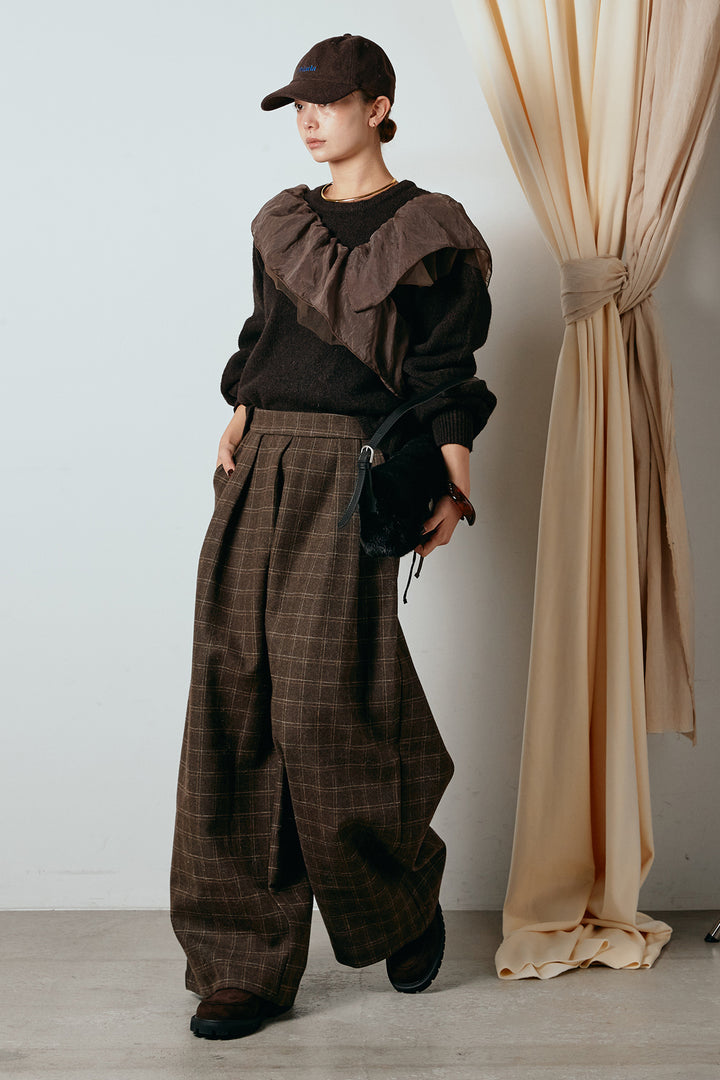 [SET]アシンメトリーフリルニットトップス+ウールライクチェックタックパンツ(2set)
