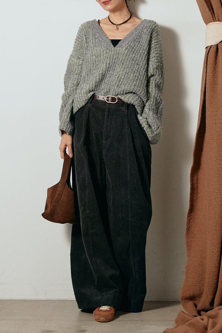 [SET]アルパカタッチ深Vニットトップス+タック入りコーデュロイワイドパンツ(2set)