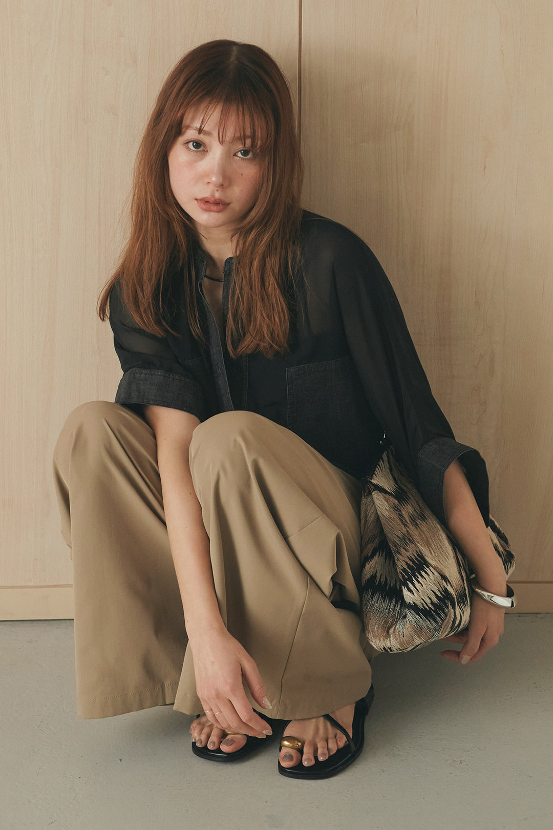 [SET]デニムライクビッグツーポケシアーシャツ+ベルトループデザインハイウエストタックパンツ(2set)