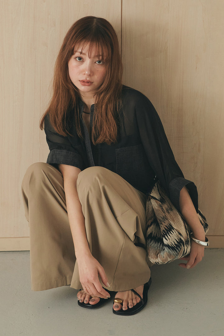 [SET]デニムライクビッグツーポケシアーシャツ+ベルトループデザインハイウエストタックパンツ(2set)