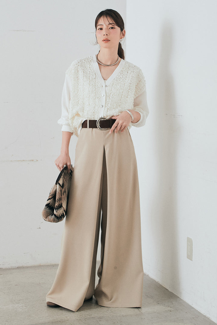 [SET]モコレースVネックカーディガン+太ベルト付きフロントタックパンツ(2set)