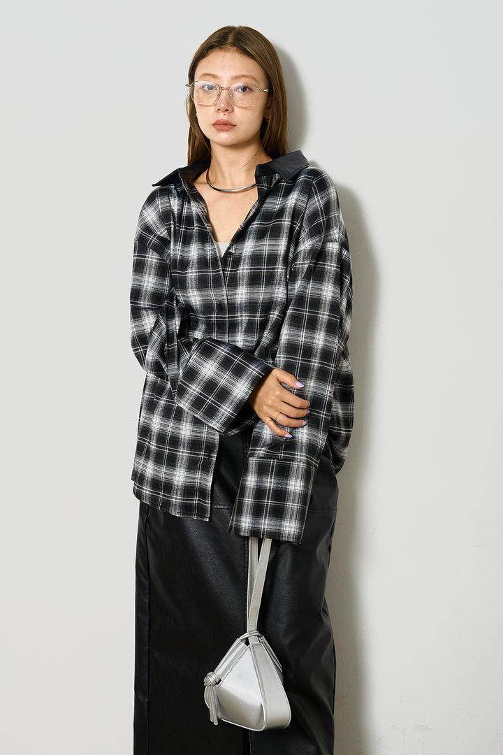 [SET]襟フェイクレザーネルチェックシャツ+フェイクレザーワイドスカート(2set)