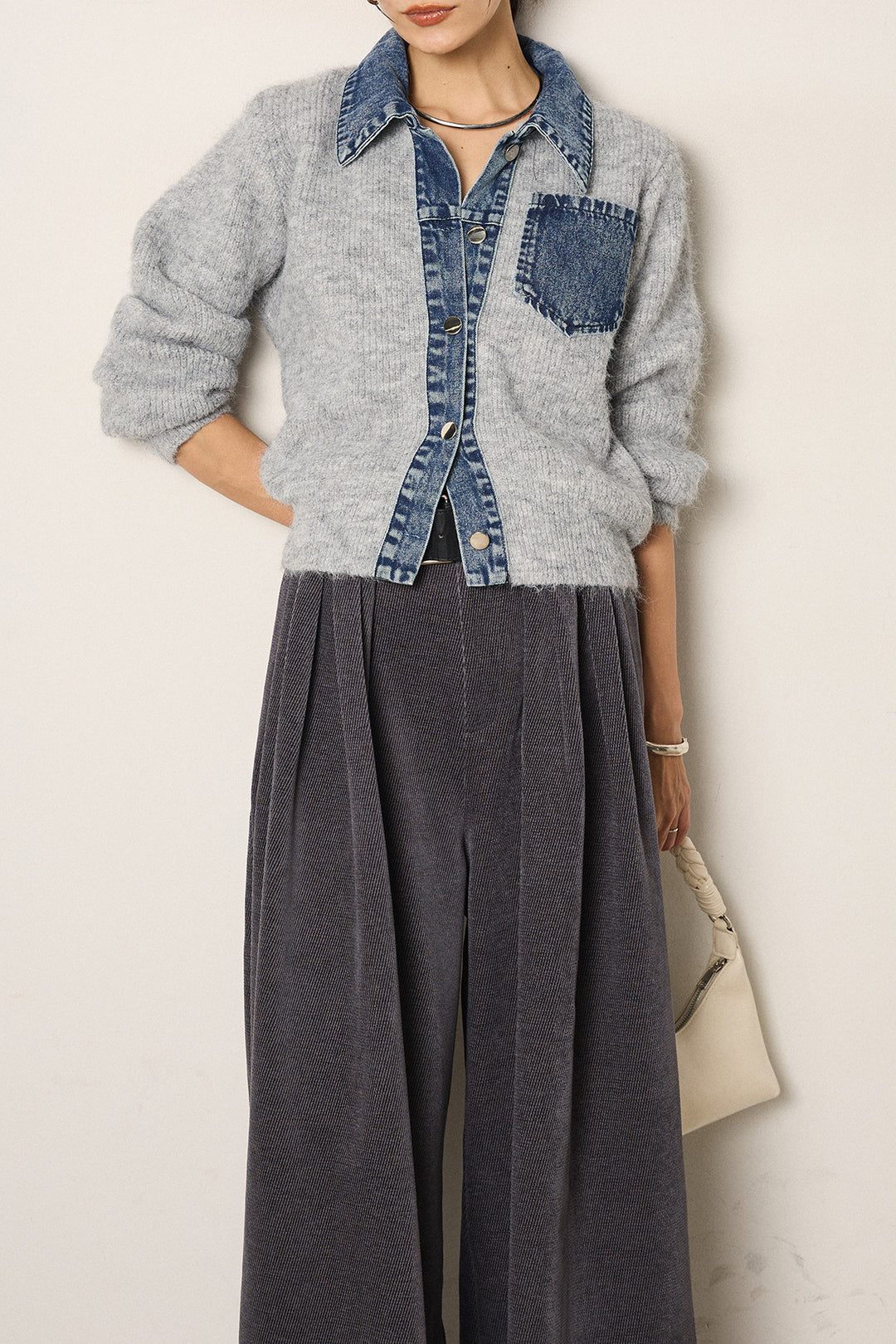 [SET]襟付きデニム切替ニットカーディガン+ベルトループコーデュロイワイドパンツ(2set)