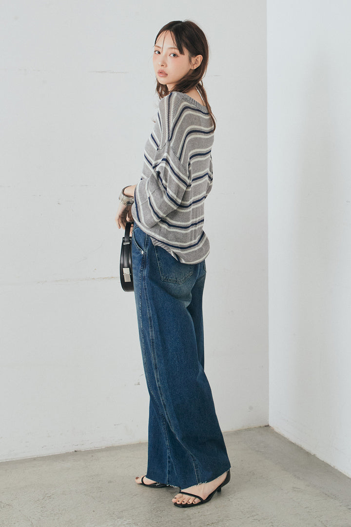 [SET]綿タッチVネックボーダートップス+デニムヨークパンツ(2set)