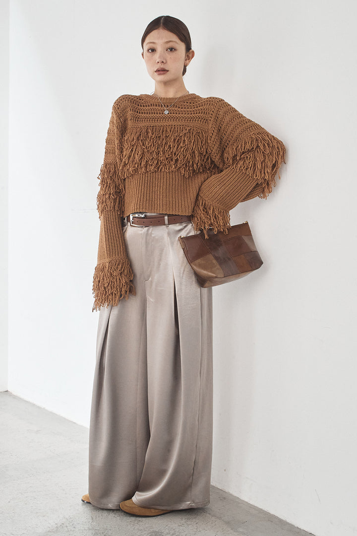 [SET]メッシュフリンジ切り替えプルオーバー+サテンタックワイドパンツ(2set)